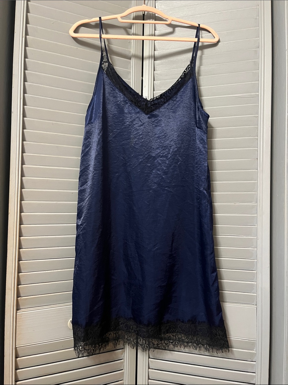 Navy Satin Chemise Slip Dress with Black Lace Trim